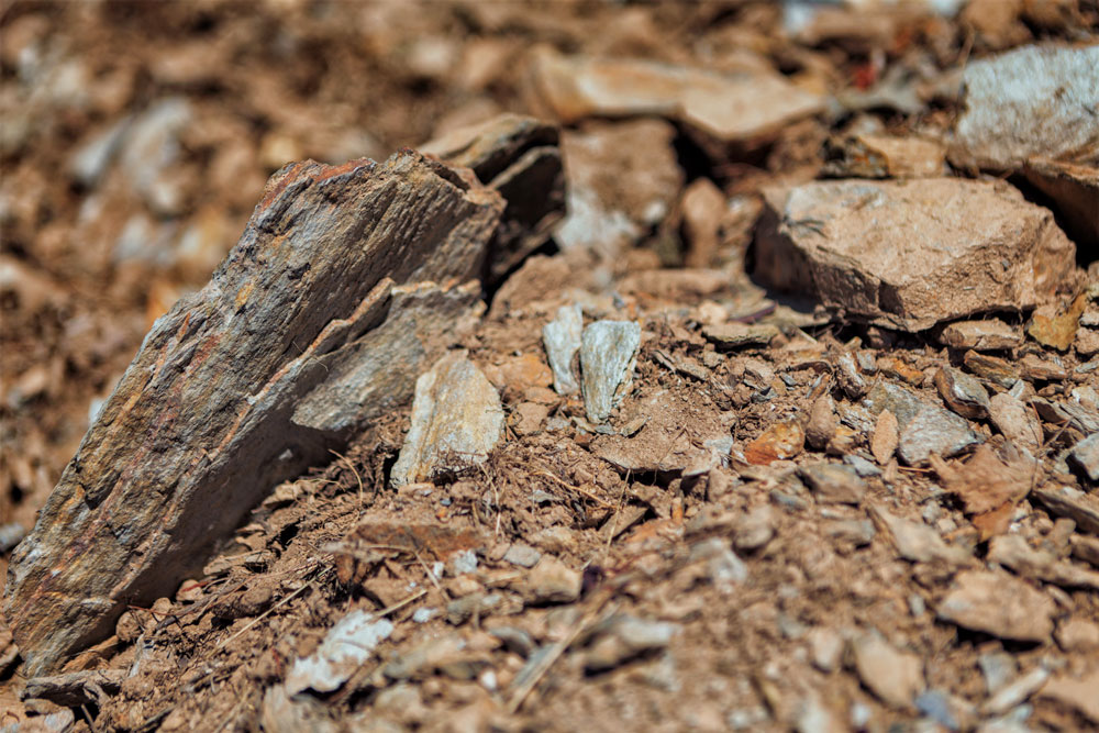 centennial mountain vineyard Close-up of layered, weathered rocks and soil, showcasing rough textures and earthy colors in a natural setting.